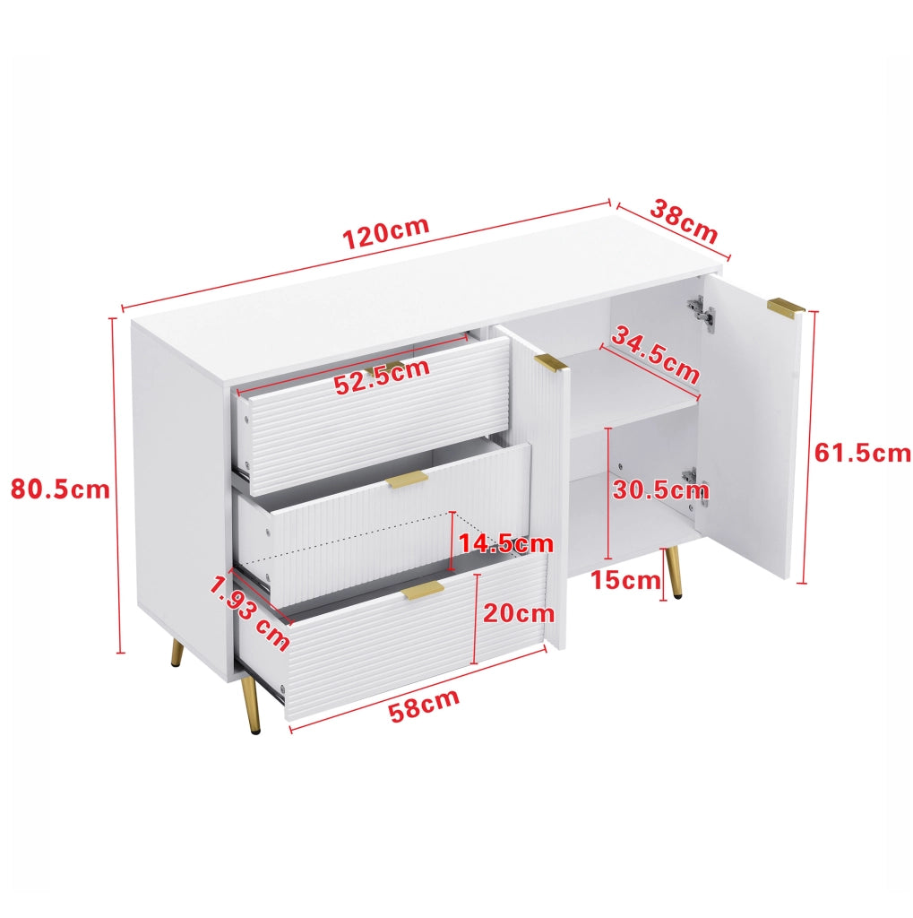 Sideboard bianco in MDF con gambe e maniglie dorate, 120x38x80,5 cm, con ante e 3 cassetti