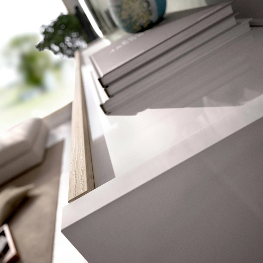 Parete attrezzata Agio, Set da soggiorno modulare ad angolo, Mobile salotto multiposizione con luce LED, 260x41h180 cm, Rovere e Bianco