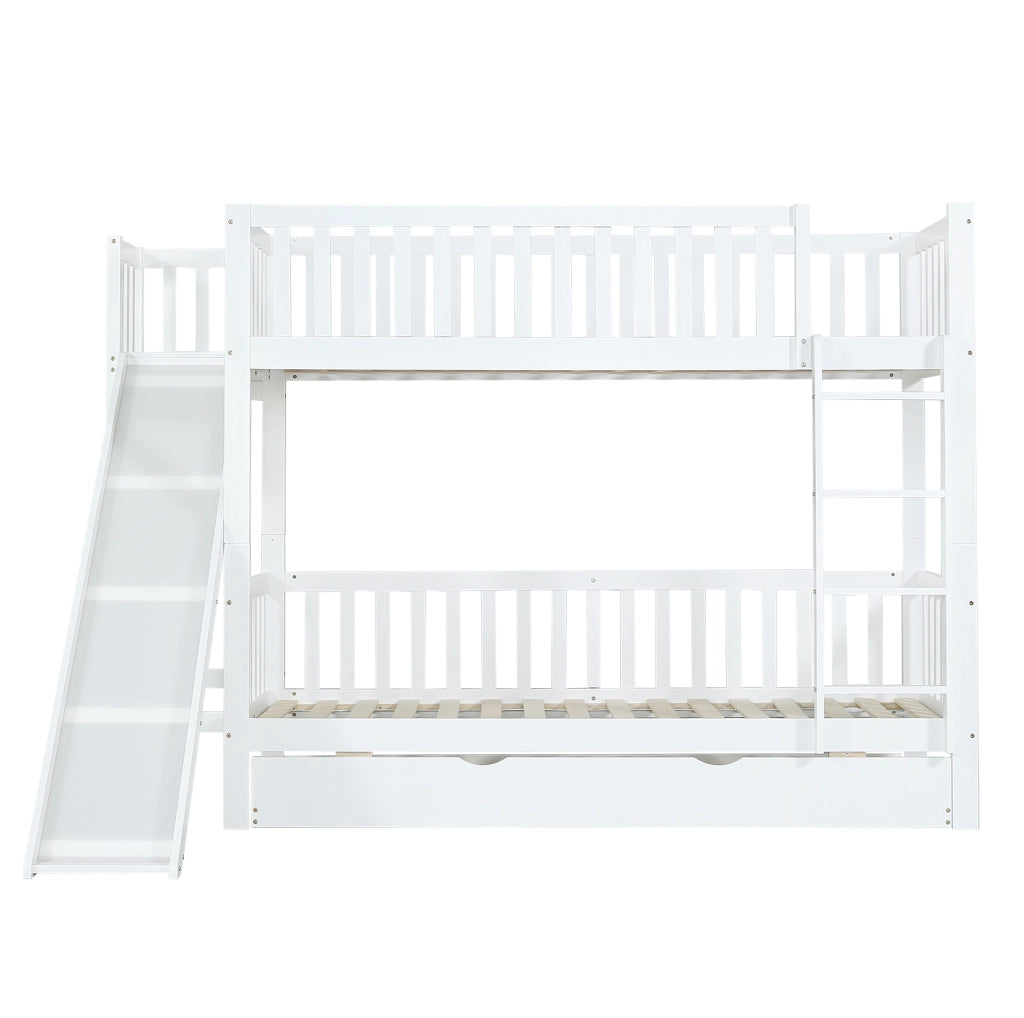 Letto a castello 90x200 cm con letto estraibile e rutsche in legno e MDF bianco