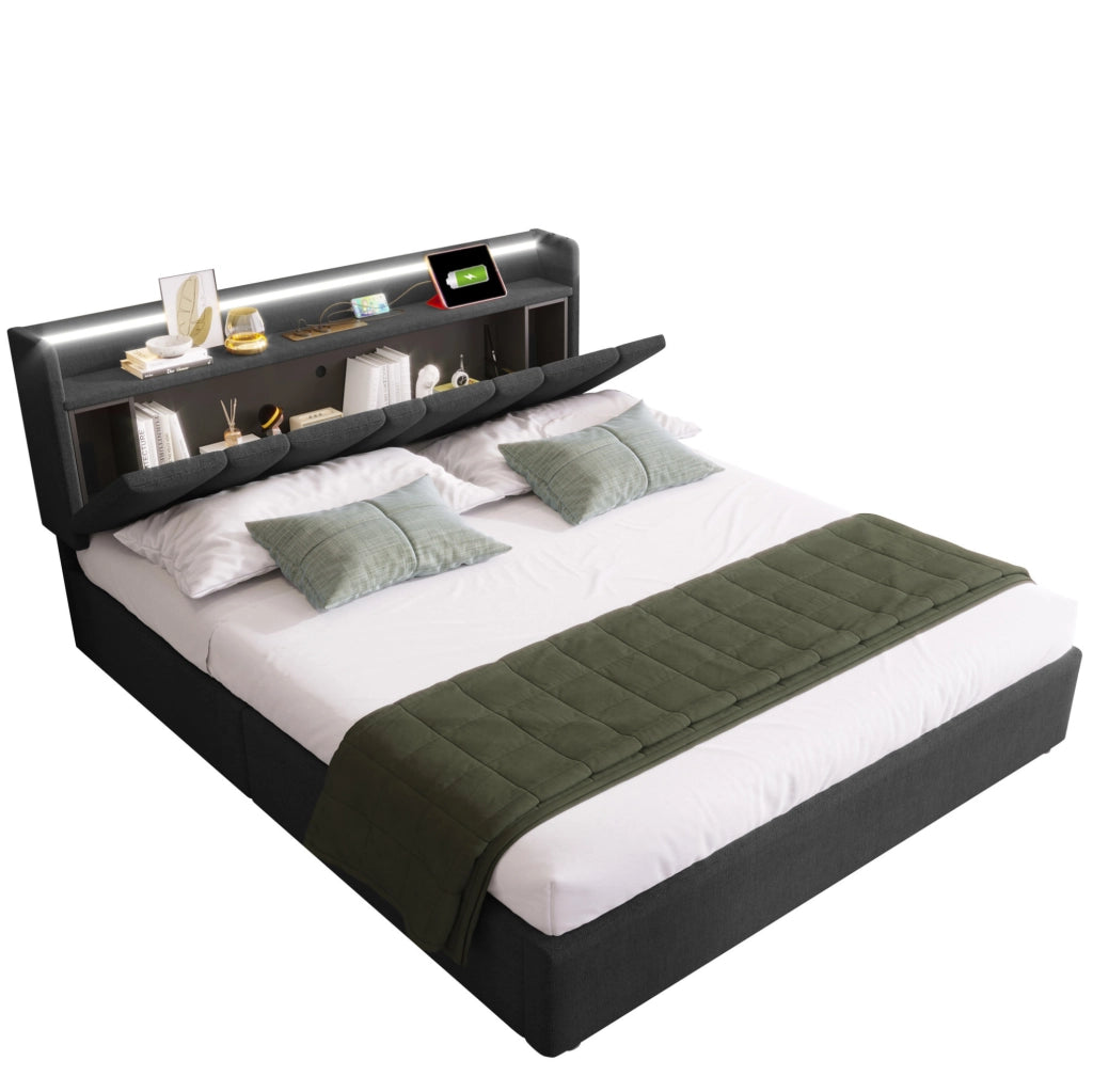 Polsterbett matrimoniale 160x200 cm con testiera contenitore; USB; LED RGBW e materasso; grigio
