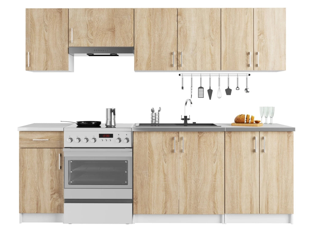 AKORD Set di Mobili da Cucina LIMA 240 cm Bianco 240 cm 11 ante 1 cassetto inserto frontale Sonoma Quercia 240x44,5x203 cm
