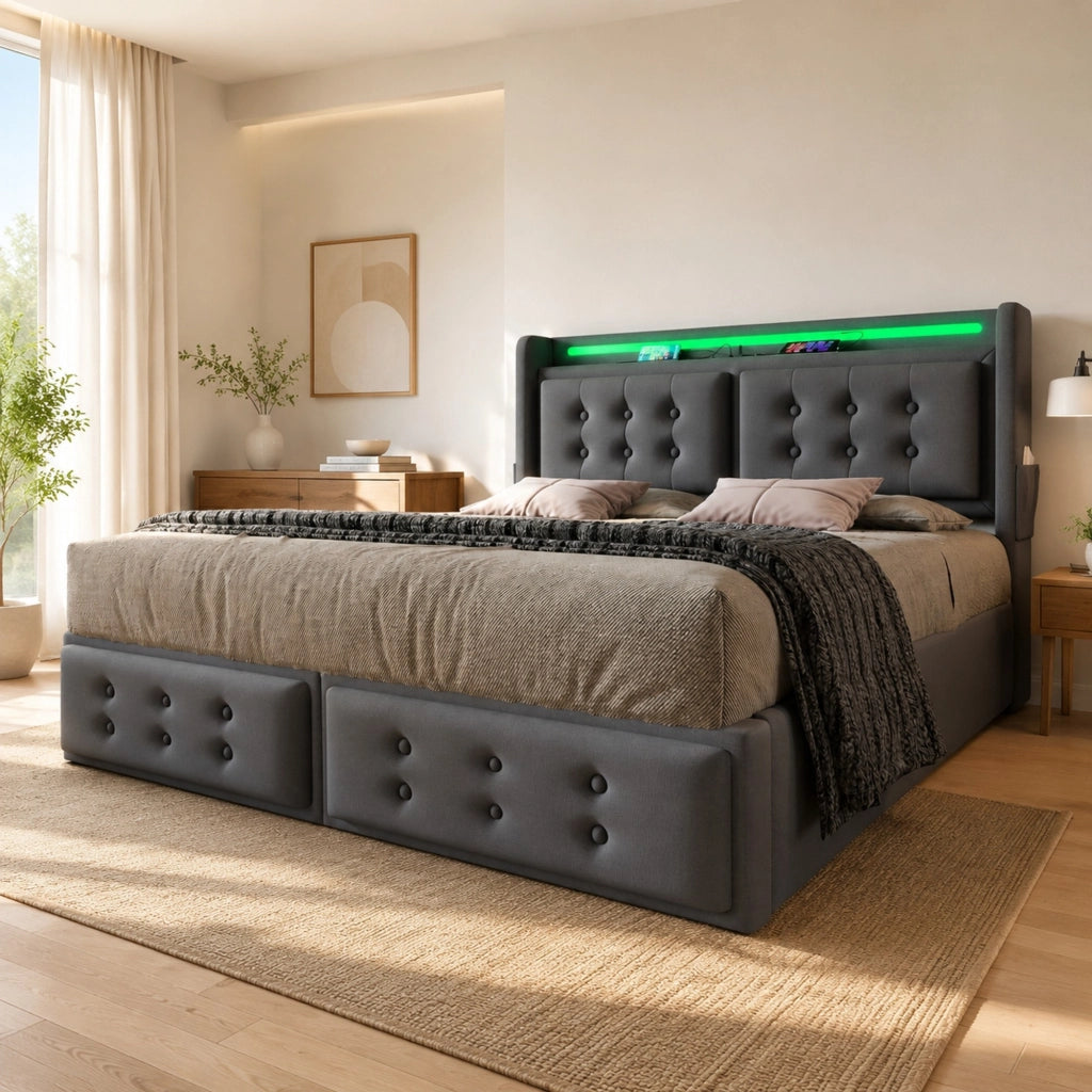 Letto matrimoniale 140x200 con LED, porte di ricarica USB-C, 4 cassetti e struttura in legno/metallo
