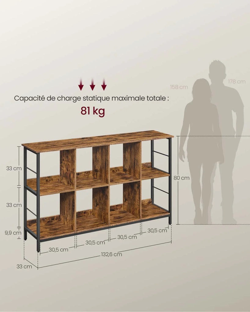 Mobiletto portaoggetti a 3 ripiani libreria in stile industriale 9 cubi per soggiorno ufficio corridoio cucina 33 x 132,6 x 80 cm marrone 12_0006401