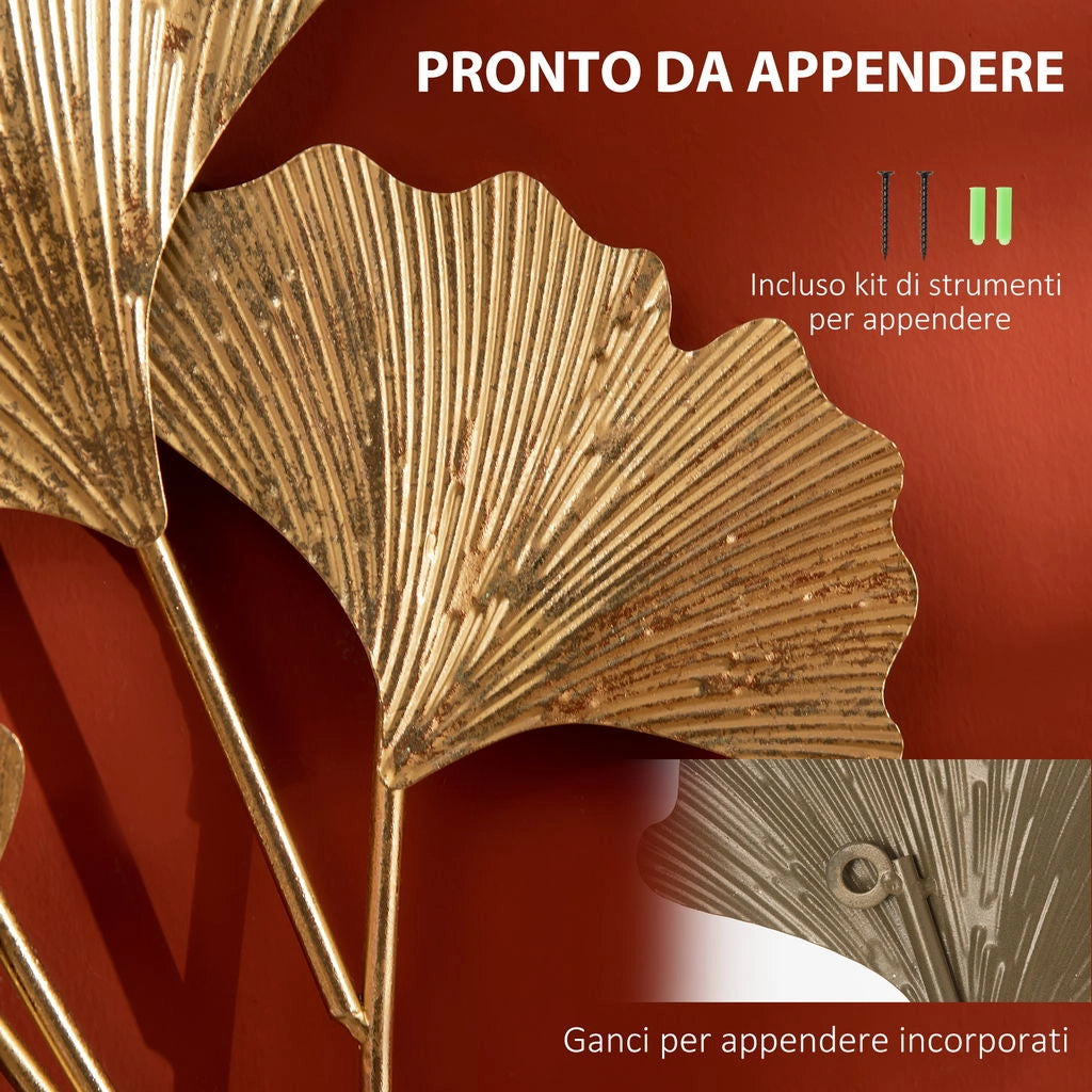 DECORAZIONE MURALE 3D IN METALLO WALL ART DORATA CON FOGLIE DI GINKGO 138X70CM