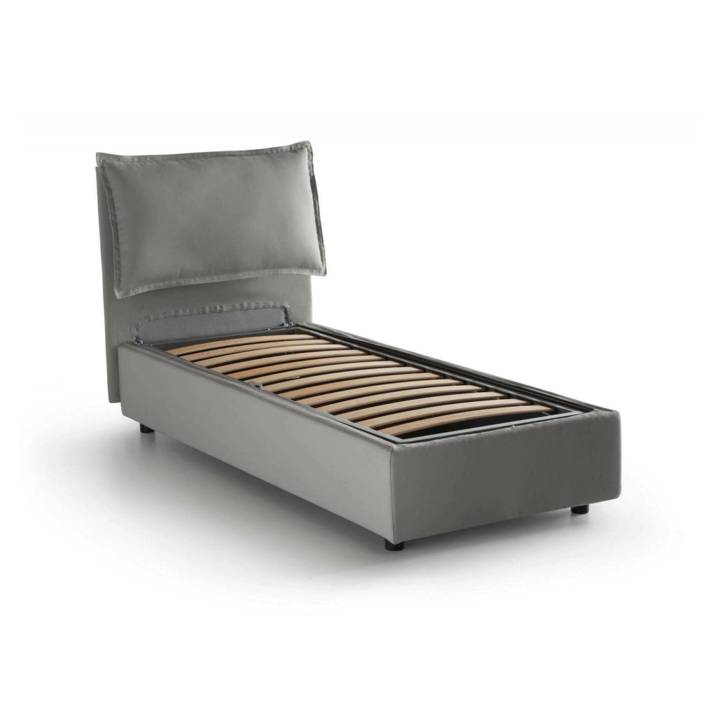 Letto singolo Alto, Letto contenitore con rivestimento in tessuto, Made in Italy, Apertura frontale, adatto per materasso cm 80x190, Grigio