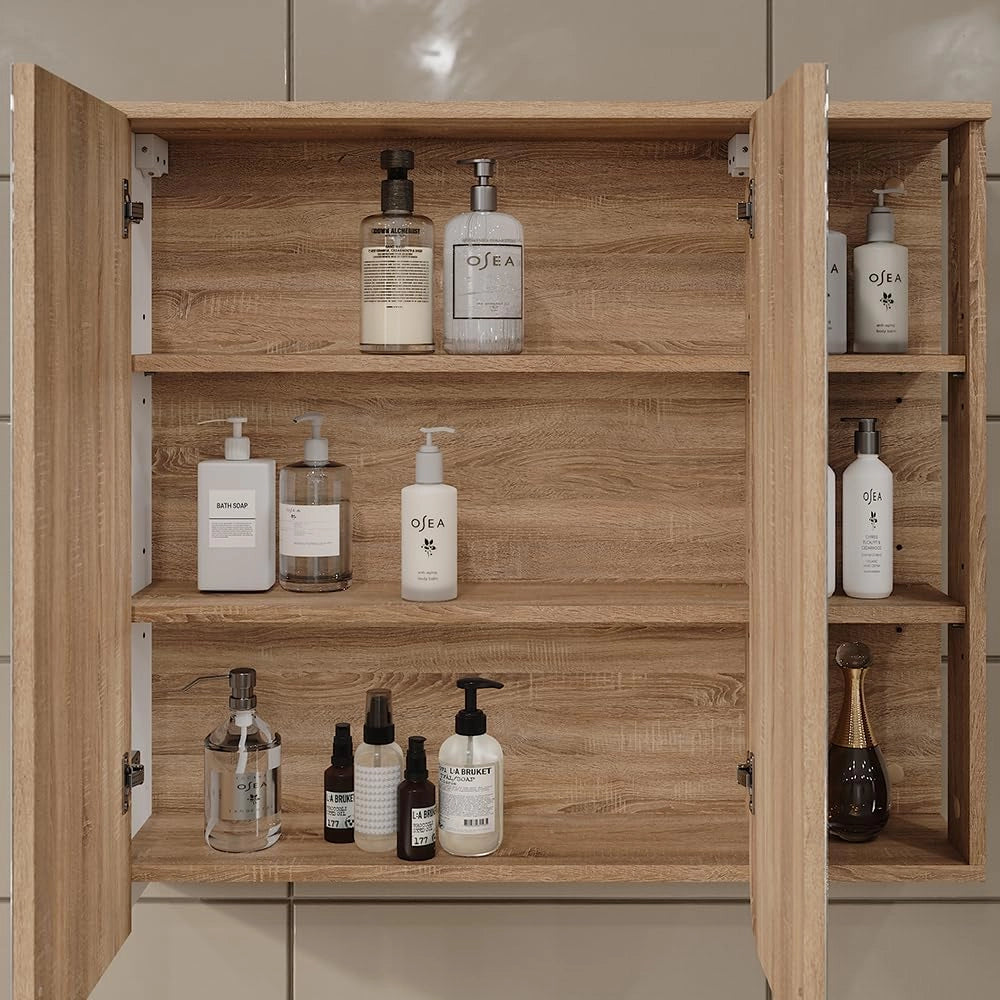 Mobile a specchio Karen, Sonoma/Bianco, 80 x 75 cm, per montaggio a parete con superficie d'appoggio integrata