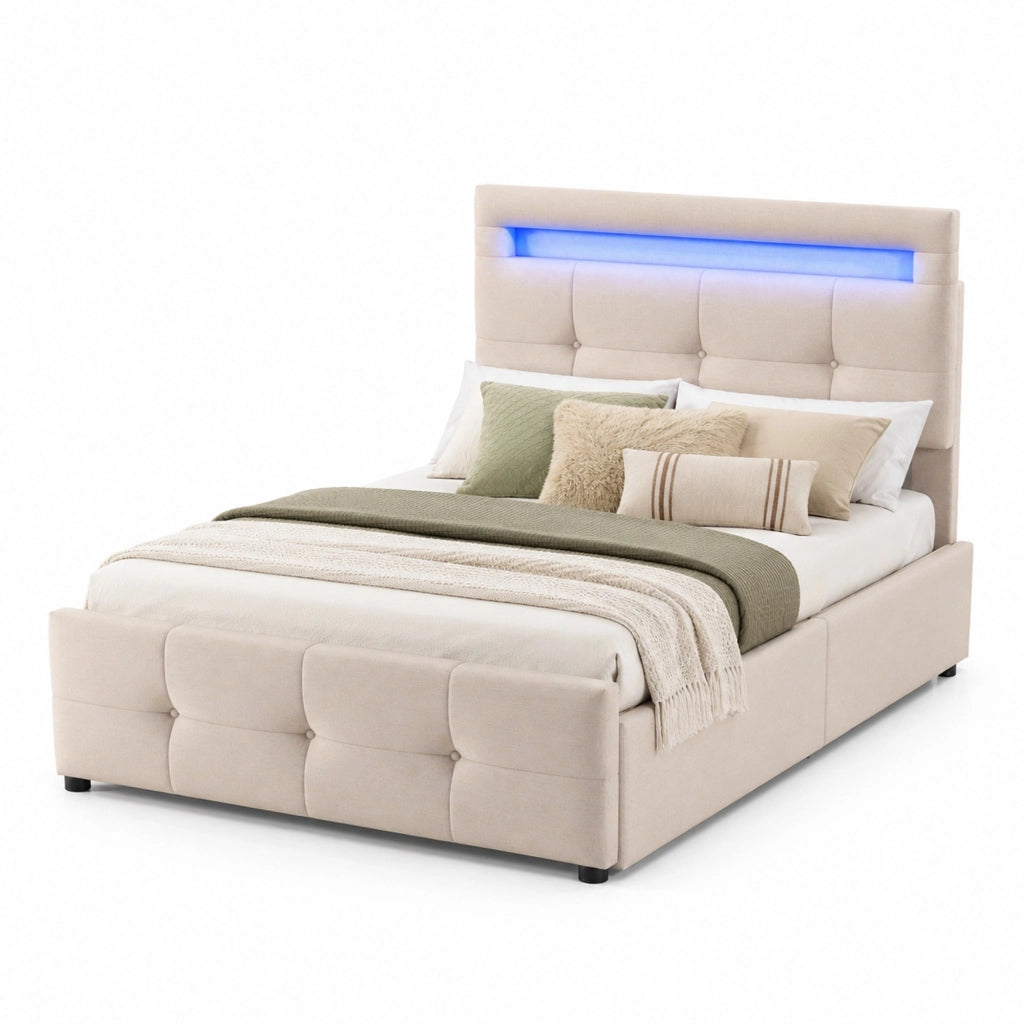 Letto imbottito matrimoniale 90x200 cm con LED e 2 cassetti; beige