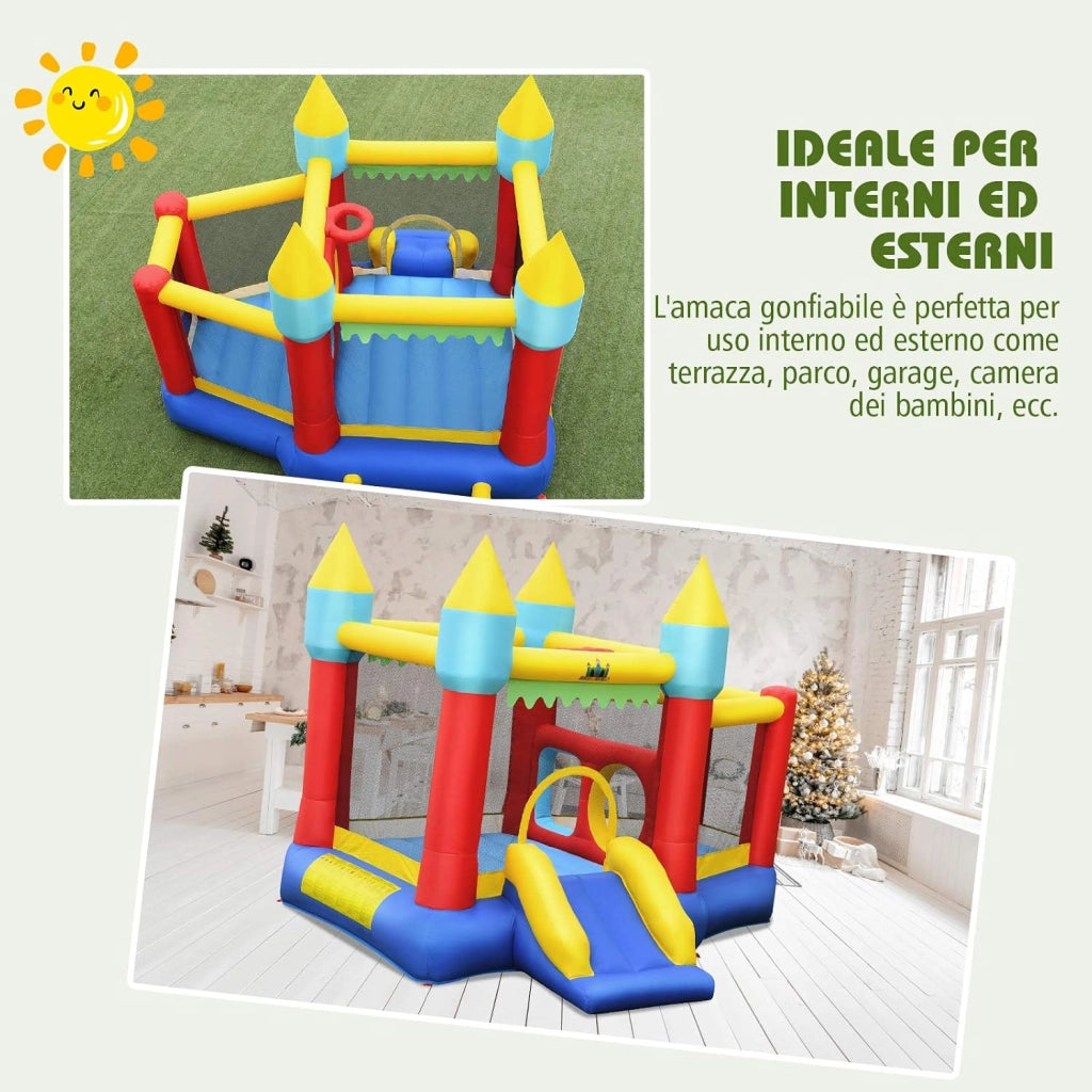 Castello Gonfiabile Per Bambini, con Scivolo, 100 Palline, Borsa di Trasporto e Kit di Riparazione, per 3 Bambini 3-10 anni, Regalo Perfetto per Bambini (con Soffiatore)