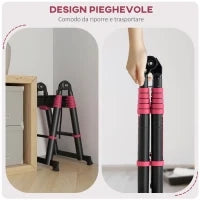 Scala Telescopica Pieghevole a 12 Gradini, in Alluminio e Nylon, 379x67.5x11 cm, Nera e Rossa