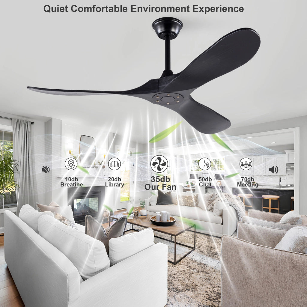 Ventilatore da soffitto nero design moderno 52 pollici, 3 pale legno massello, senza illuminazione, motore DC reversibile silenzioso