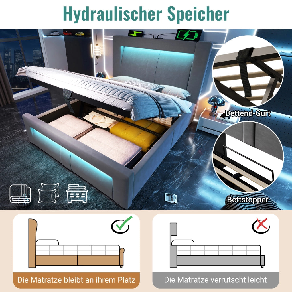 Letto imbottito idraulico con luci LED e porta USB 90x200 cm velluto grigio