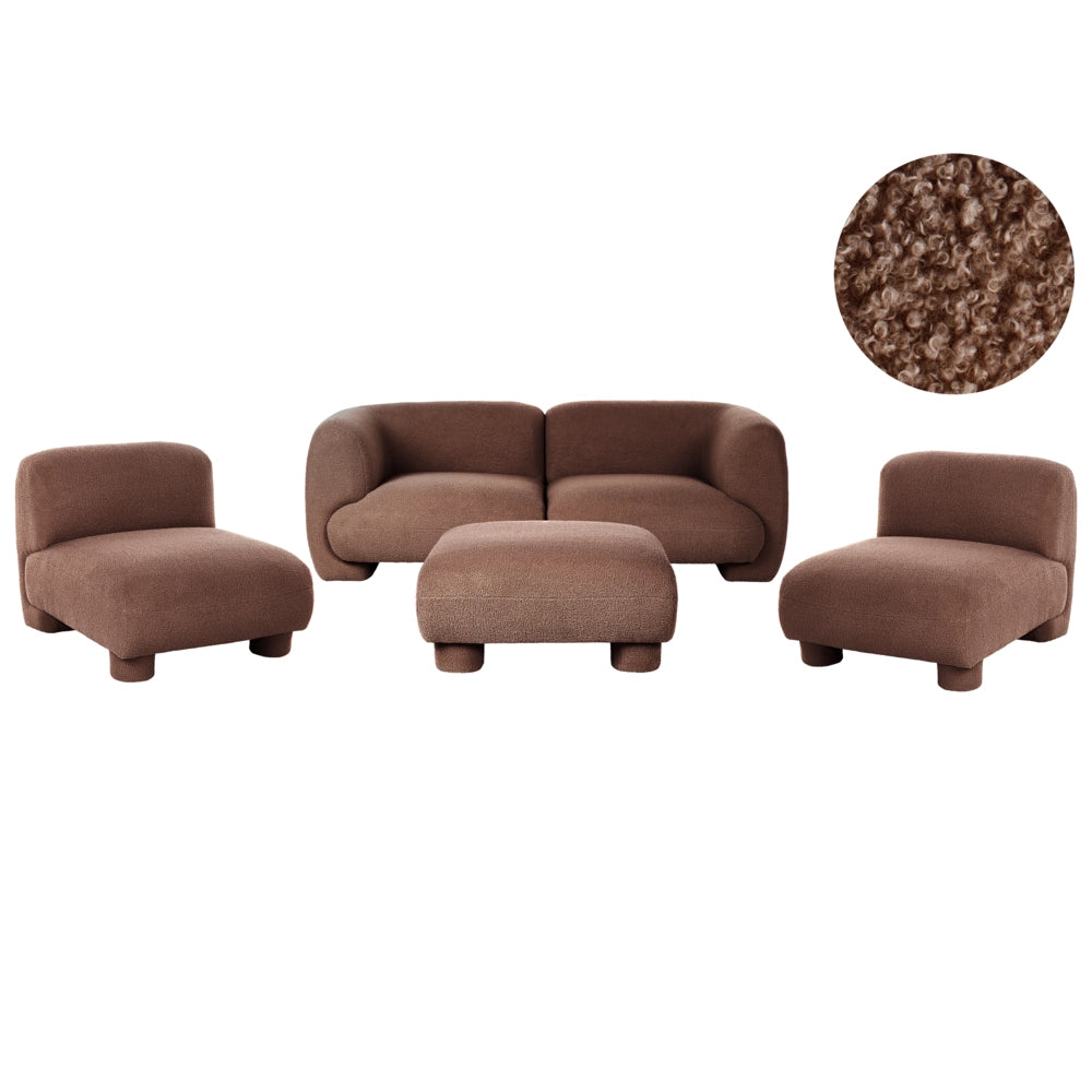Set da salotto 4 posti con pouf, modulare dal profilo ribassato in stile organico e curvo marrone