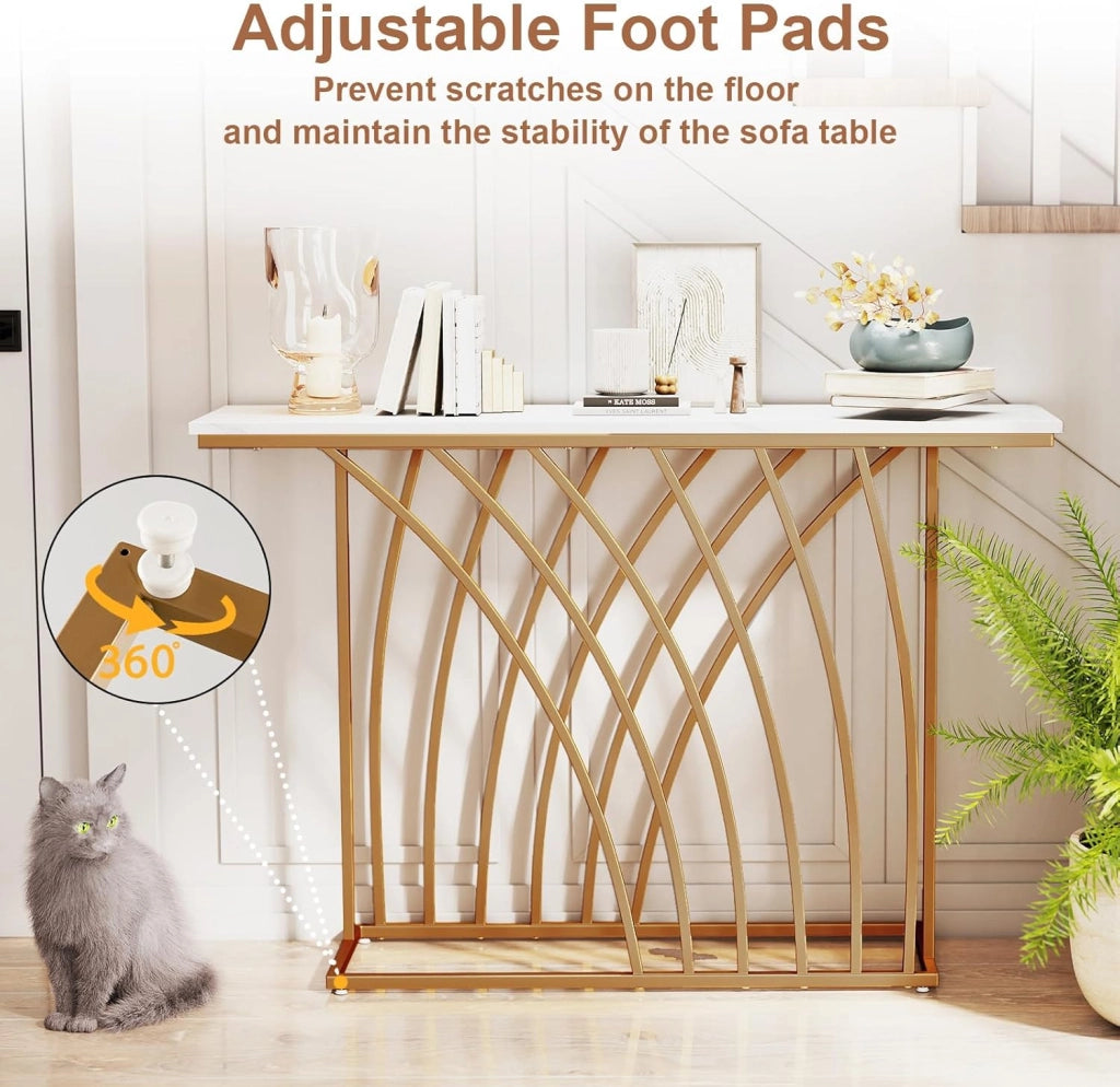 Tavolo da Console Ingresso Moderno con Piano in Finto Marmo, Struttura Geometrica in Metallo Dorato, 120 x 30 x 80 cm, Oro e Bianco