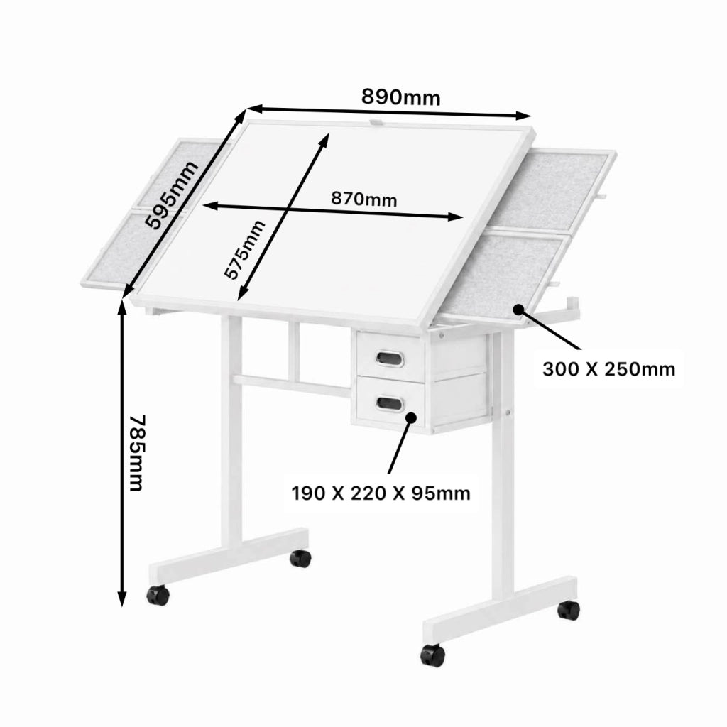 Scrivania dritta con piano coperto e 4 cassetti in feltro, ruote bloccabili, per hobby, MDF e metallo, bianca