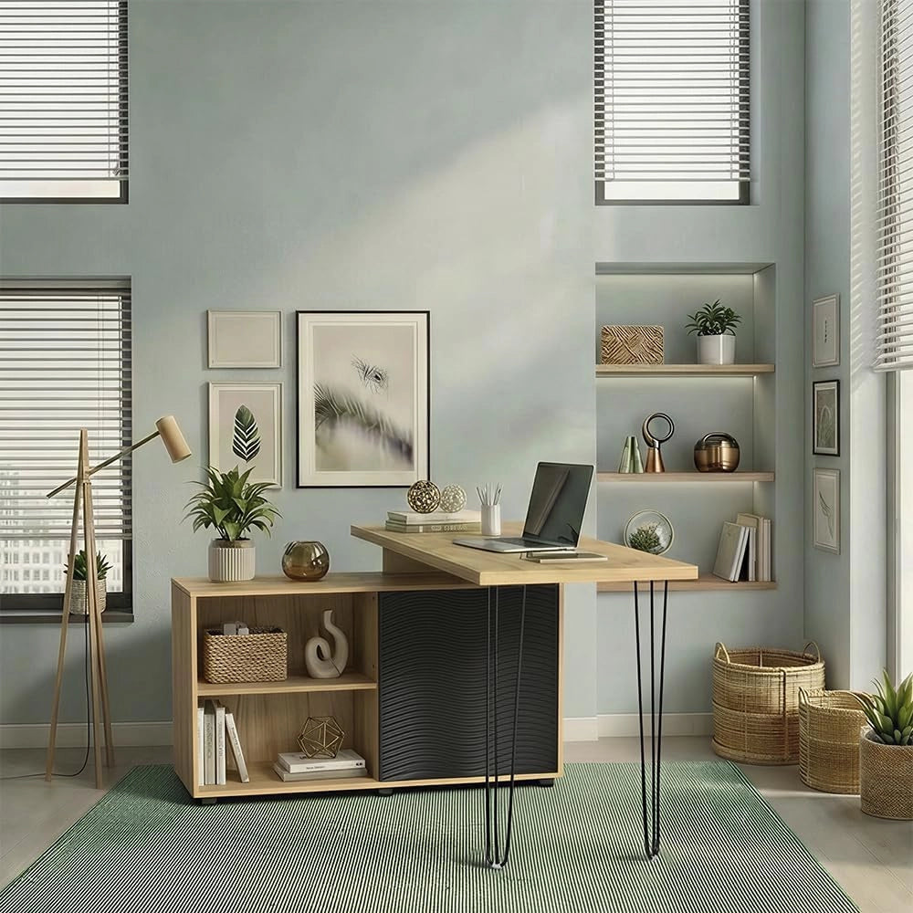 Scrivania angolare Notivo, Nero, 135 x 55 cm con schedario, adatto per ufficio domestico e studio