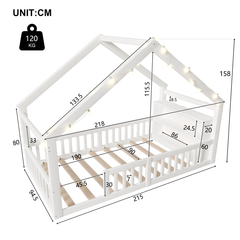 Letto singolo 90×190 cm con sponde; ripiani e luci LED; senza materasso; bianco