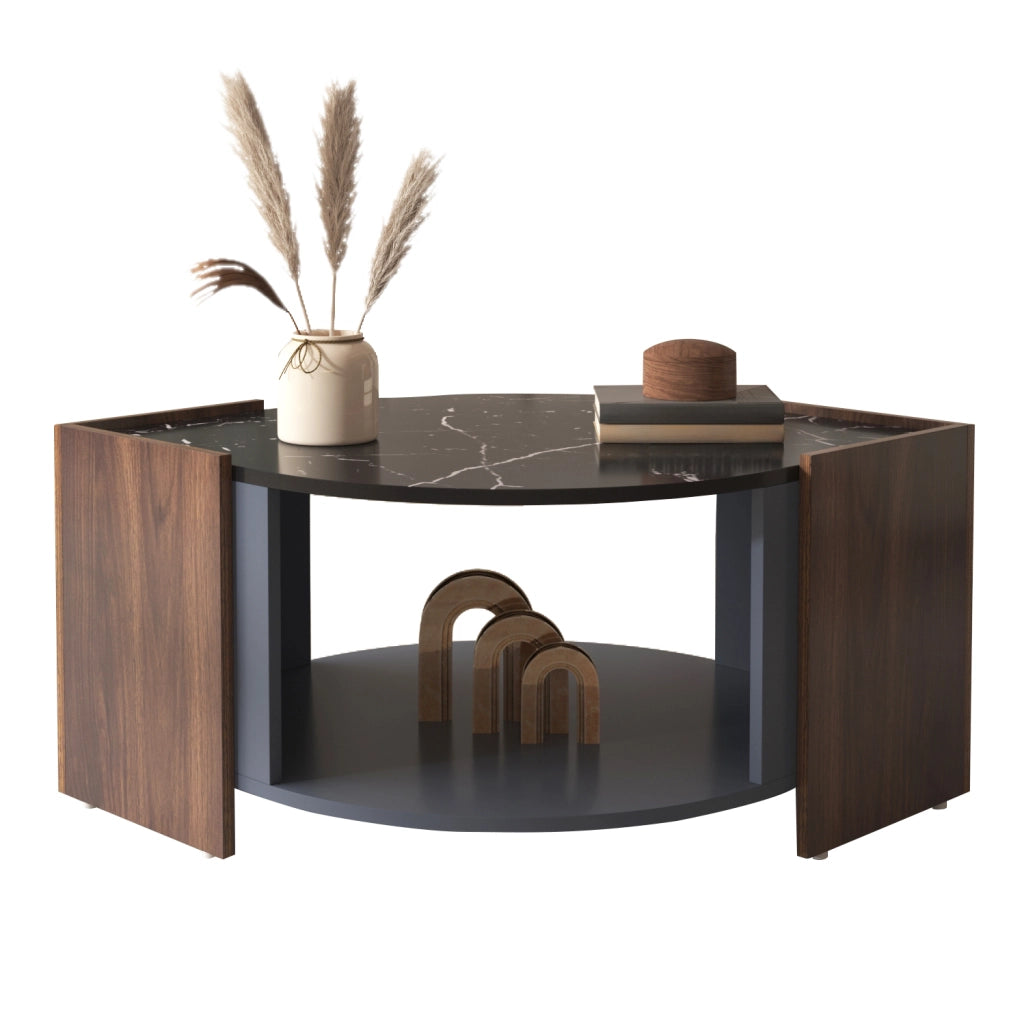 Tavolino da caffè effetto marmo nero e legno con vano contenitore, 96,5x63x40 cm