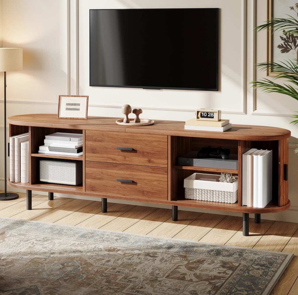 TV lowboard 150x40x55 cm con 2 cassetti e ante scorrevoli; noce; MDF e pannello truciolare
