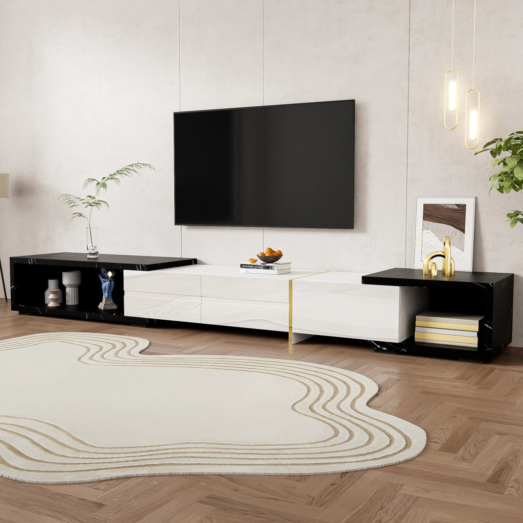 Mobile TV Allungabile Girevole 140–260 cm con Contenimento; Effetto Marmo Nero; Frontale Bianco Lucido; Dettagli Oro; MDF; 140×40×30 cm
