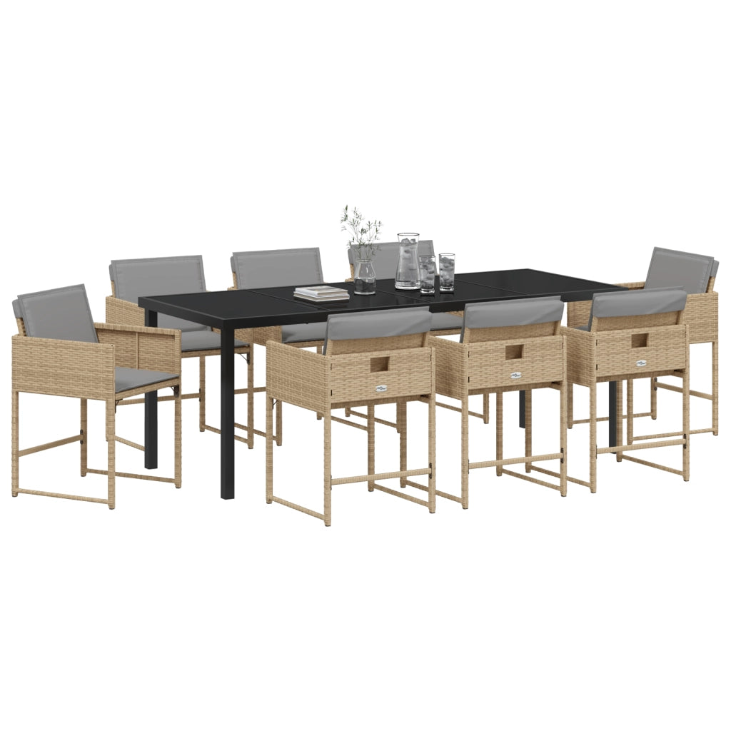 Set pranzo giardino 9 pezzi con cuscini polyrattan beige