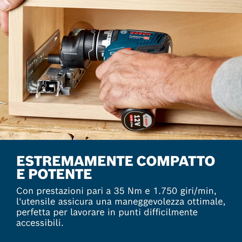 Bosch Professional GSR 12V-35 FC FlexiClick System Trapano-avvitore a Batteria 12V System, Include 2 Batterie 3.0 Ah, Caricabatterie Rapido GAL 12V-40,Include Mandrino GFA 12-B, in L-BOXX, 06019H3001