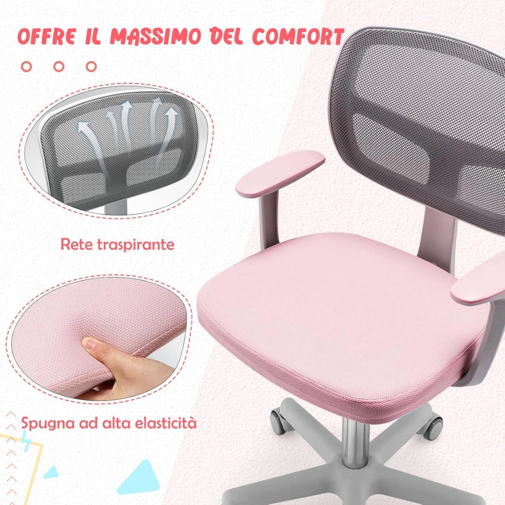 Sedia per Scrivania per Bambini, Sedia per Computer con Altezza Regolabile, Ruote, Sedile Girevole a Rete, Mobile Ergonomica per Bambini 3-10 Anni 3-10 Anni (Rosa)