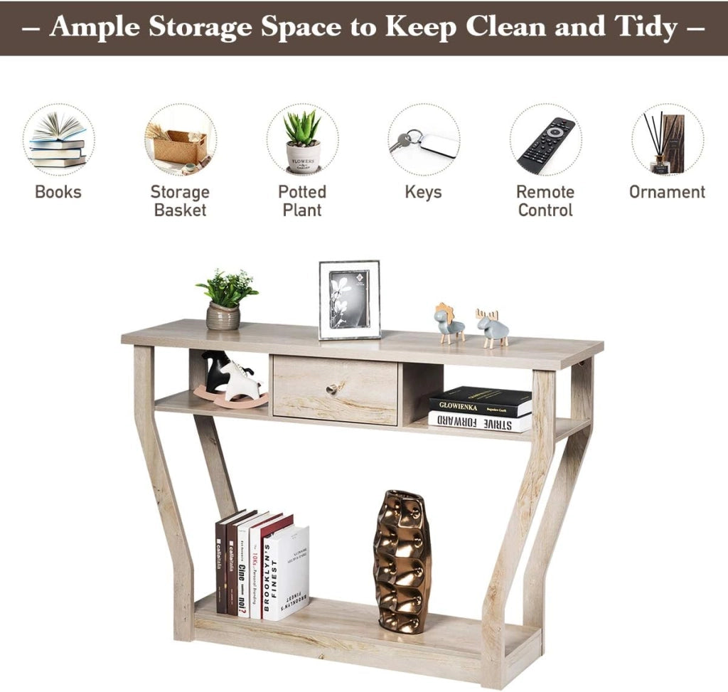 Tavolo Consolle Legno, a 3 Ripiani, Stretto e Compatto, Cassetto con Manico, Console per Soggiorno, Salotto, Ingresso, Portata di 60 kg, 120x30x81cm, 3 Colori (Grigio)