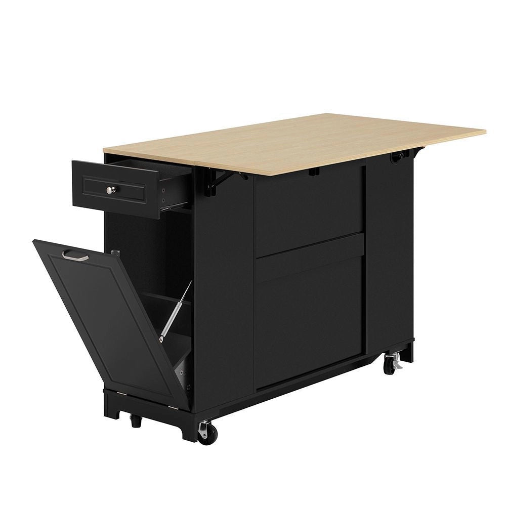Isola da cucina mobile con tavolo estendibile, cassetti multifunzione e cestino - Xylo - Nero