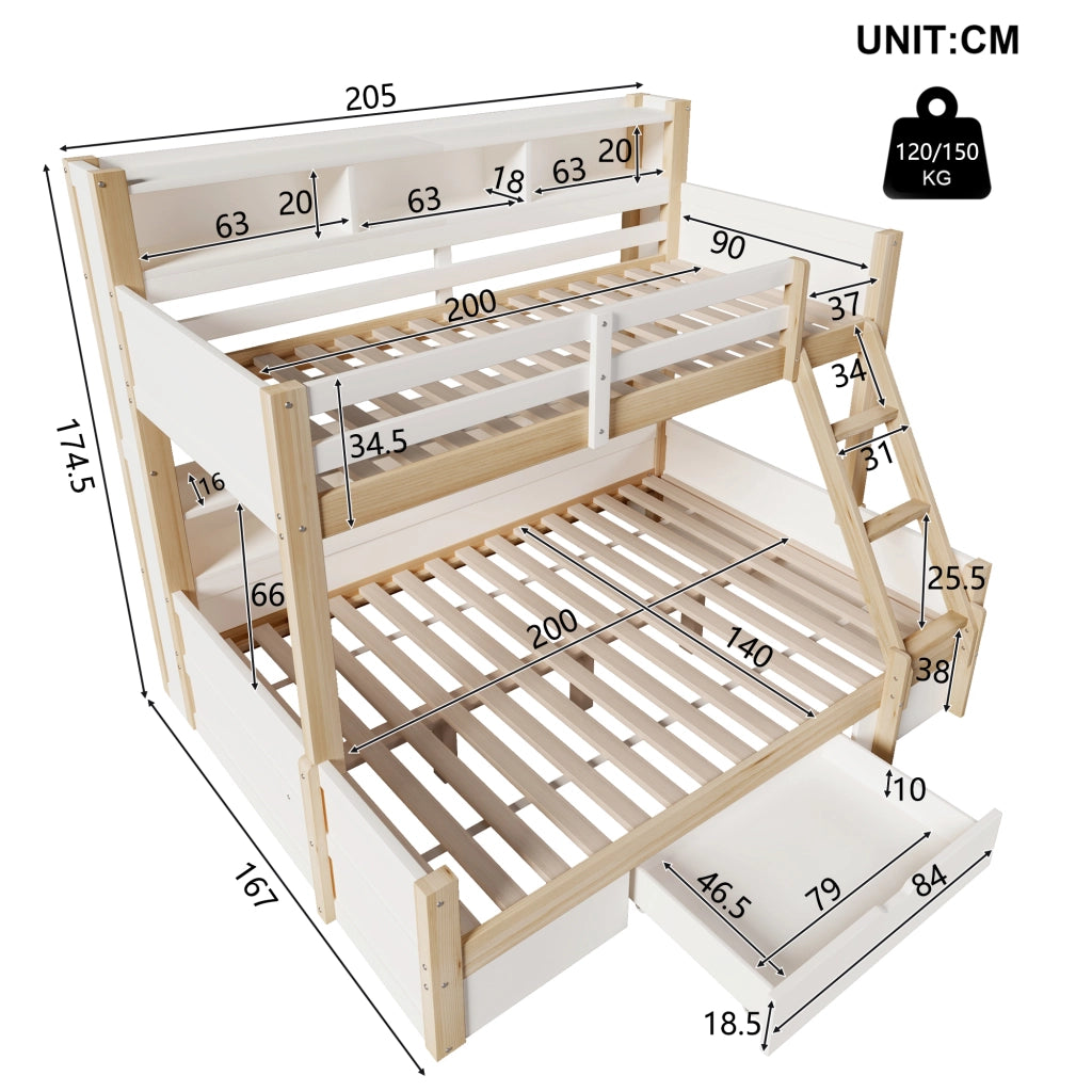 Letto a castello 90 × 200 cm e 140 × 200 cm con LED, scomparti, cassetto, senza materasso, pino bianco e naturale
