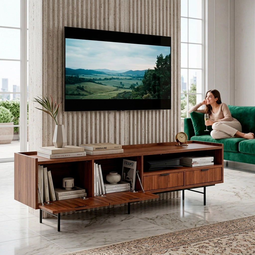 Mobile Porta TV Con 2 Ante A Ribalta 2 Cassetti Vano A Giorno Con Passacavo Design Moderno In Melaminico Per Soggiorno Salotto Zona Living 200 X 40 X 55 Cm Noce