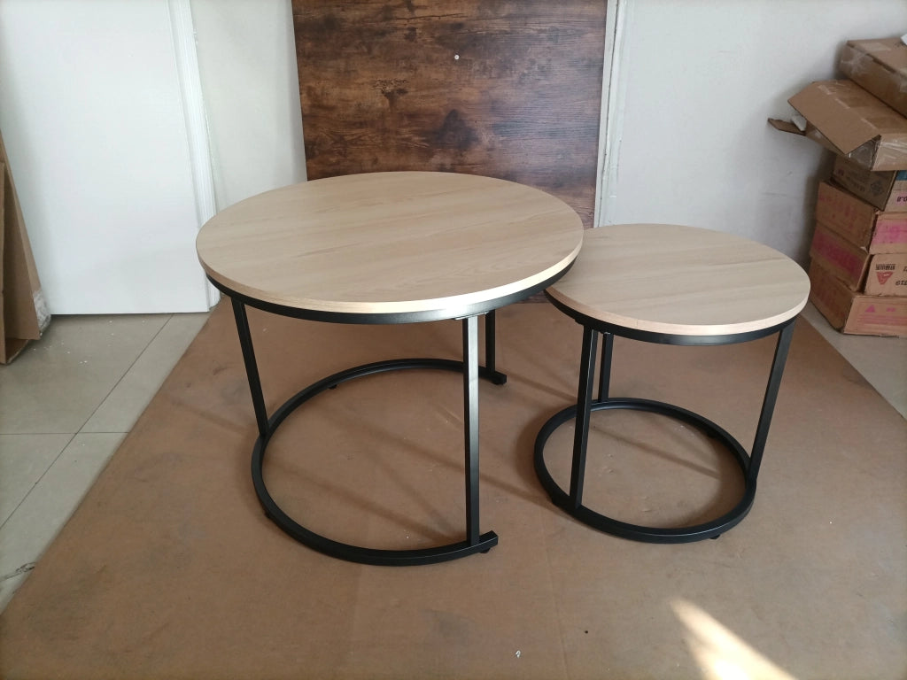 TAVOLINI DA SALOTTO Set da 2 pezzi rotondi 60/40 cm effetto rovere metallo nero