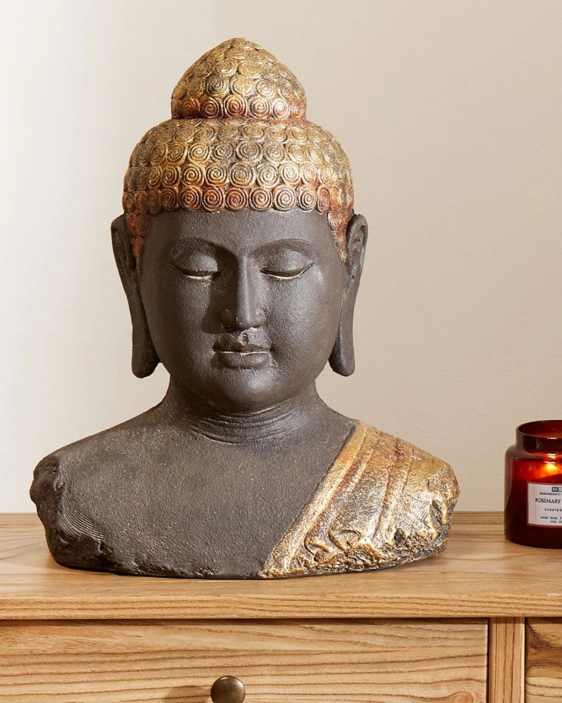 Figurina decorativa Statua di Buddha in magnesio nero e oro Statuetta Ornamento Finitura afflitta Accessori per la decorazione