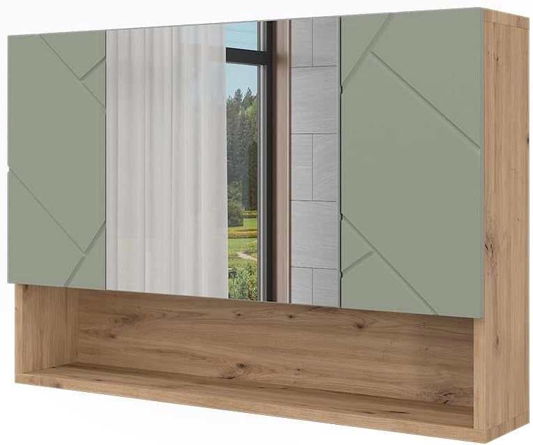 Specchio contenitore bagno Irma, Verde salvia, 80.1 x 55 cm, con specchio e ripiani aperti per montaggio a parete