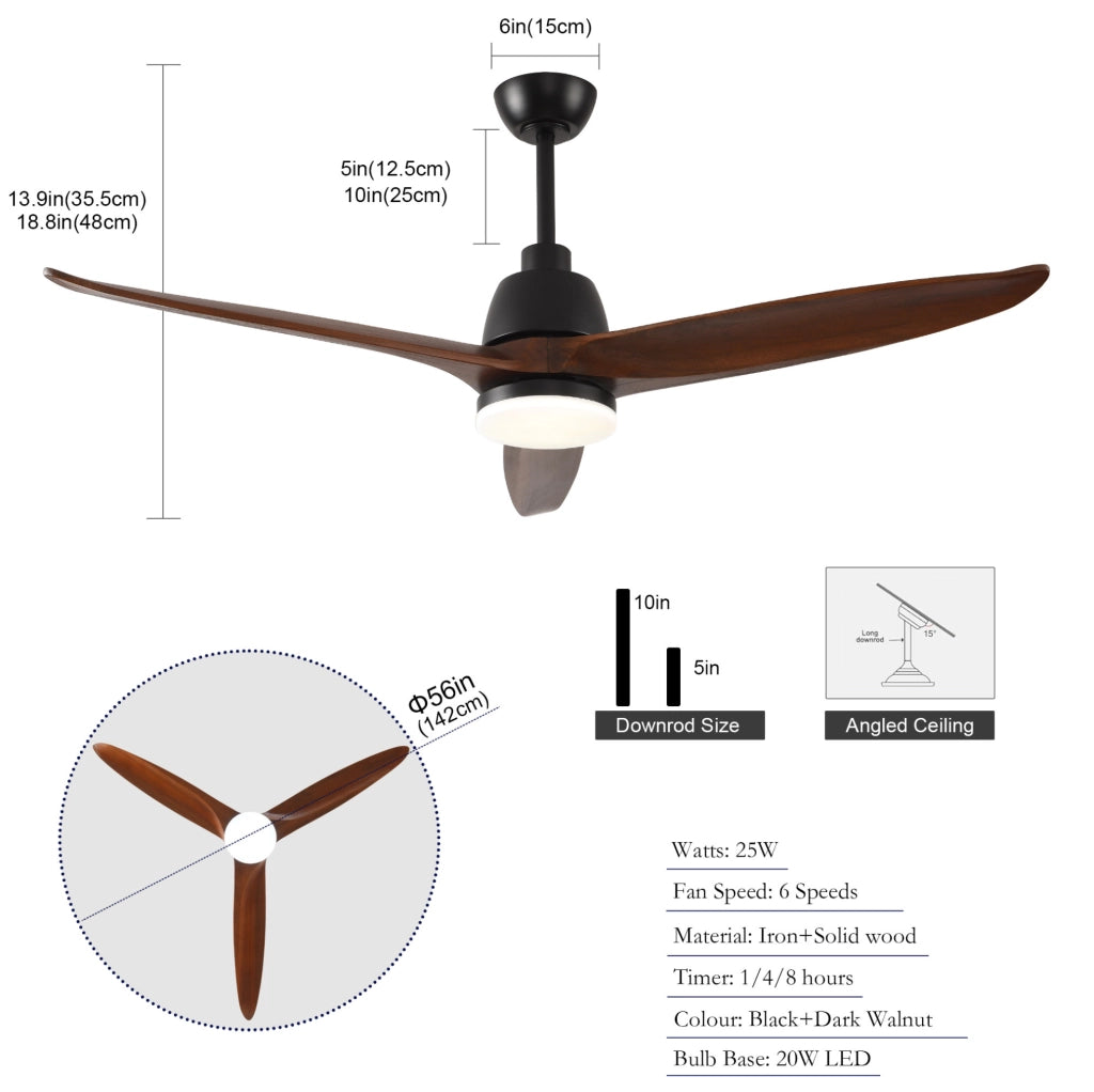 Ventilatore da soffitto 52 pollici con luce LED dimmerabile; 3 pale in legno; noce e nero