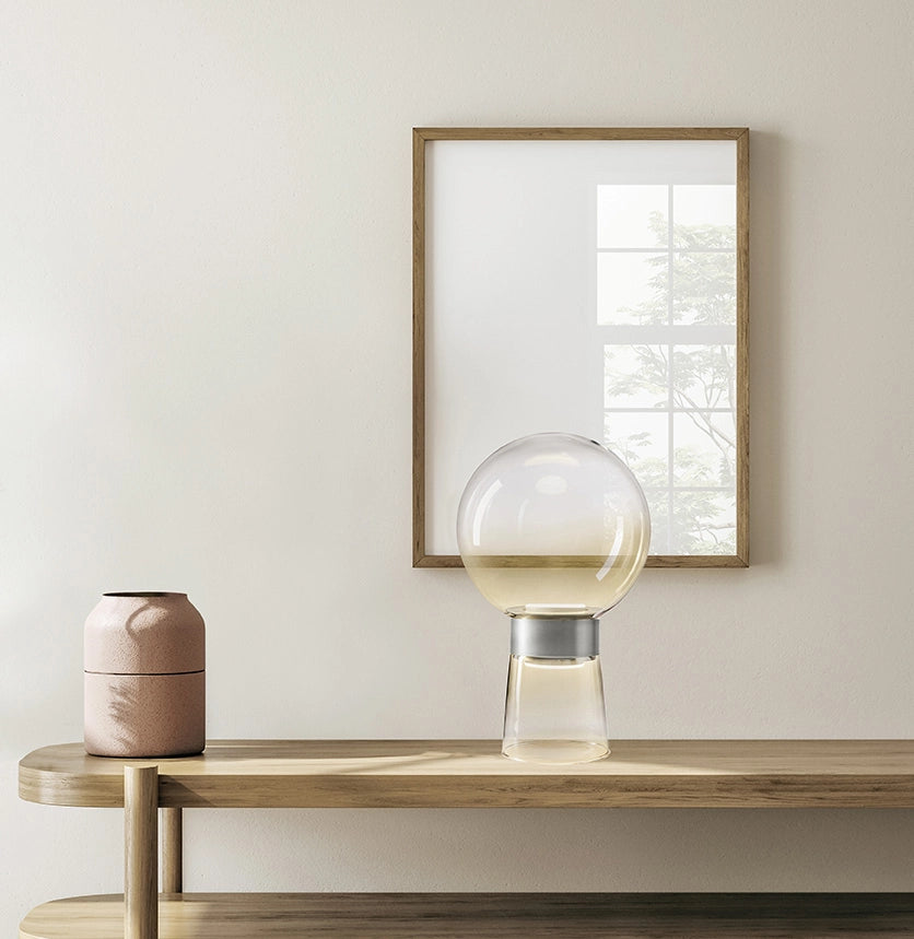 JOTTO LAMPADA DA TAVOLO DOPPIA EMISSIONE IN METALLO COLORE ALLUMINIO VETRO SFUMATO AMBRA DA 25CM 2 LUCI ATTACCO GX53 DIMMERABILE