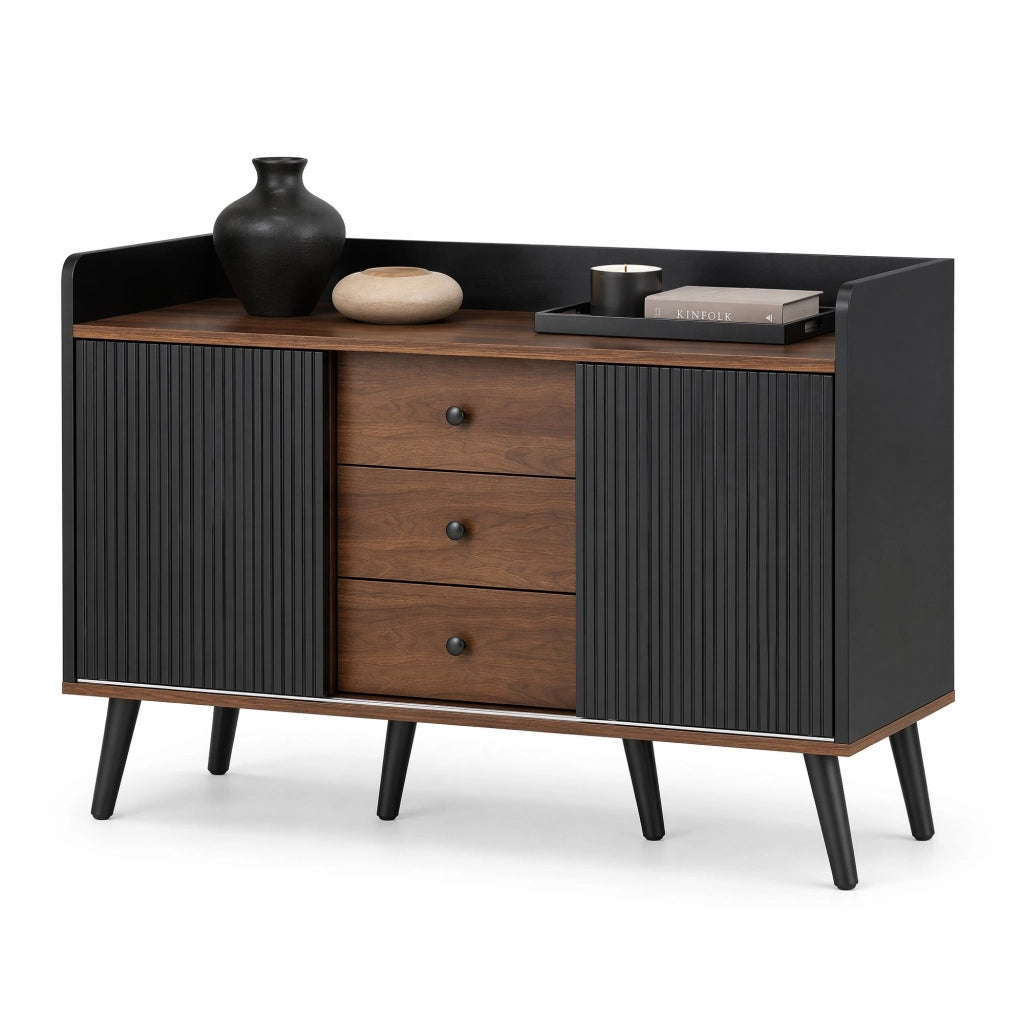 Credenza moderna nera e legno con ante scorrevoli e 3 cassetti