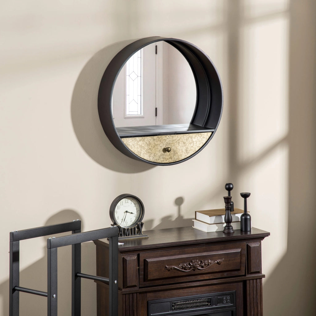 Specchio da Parete Rotondo ?61cm, Specchio Decorativo con Cassetto e Cornice in Metallo e MDF, Nero