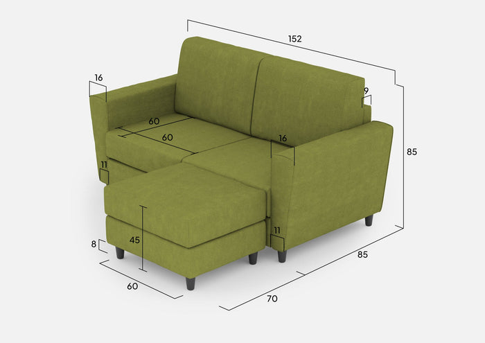 Divano 2 Posti con Pouf 152x155x85 cm Yasel in Tessuto Verde