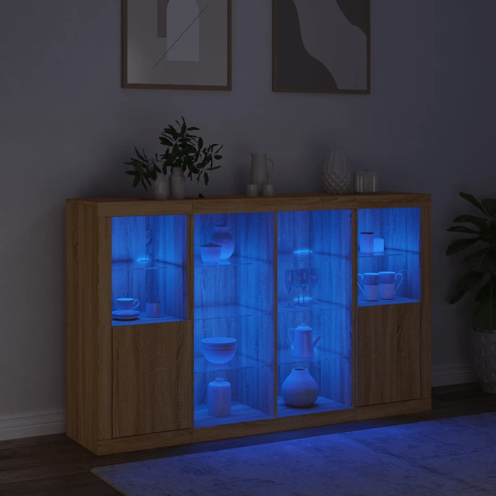Credenze con Luci LED 3 pz | Madia | Buffet da pranzo | Armadio da pranzo Rovere Sonoma in Legno Multistrato