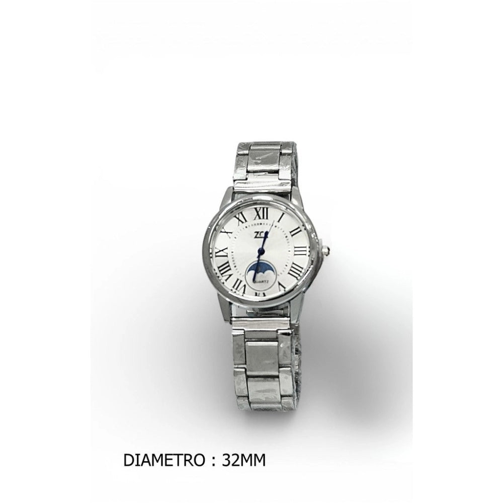 Trade Shop - Orologio Da Polso Donna Elegante 32 Mm Acciaio Quadrante Bianco Con Luna -