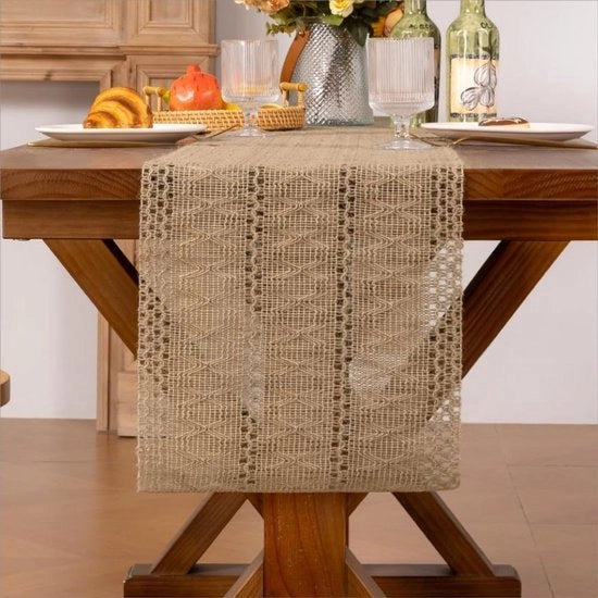 Tavolo da pranzo in stile bohemien con pennellini - tavolo da pranzo con tessuto a rete - tavolo da pranzo con tovaglia da tavolo a rete in stile rurale - adatto per la tavola da pranzo in primavera, arredamento di casa - 30x275cm