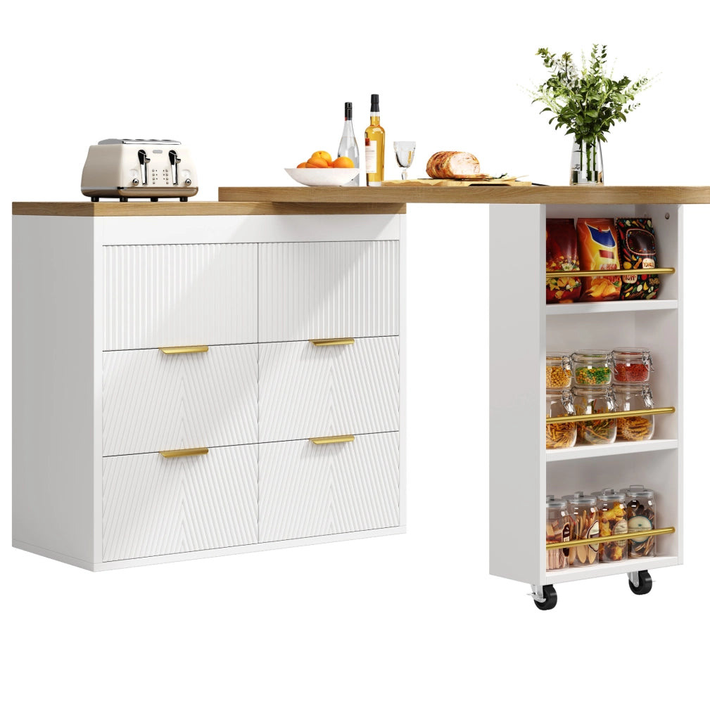 Bartisch mit 6 Schubladen und Kippsicherung, drehbar 360°, MDF Sideboard für Küche, Wohnzimmer oder Homeoffice