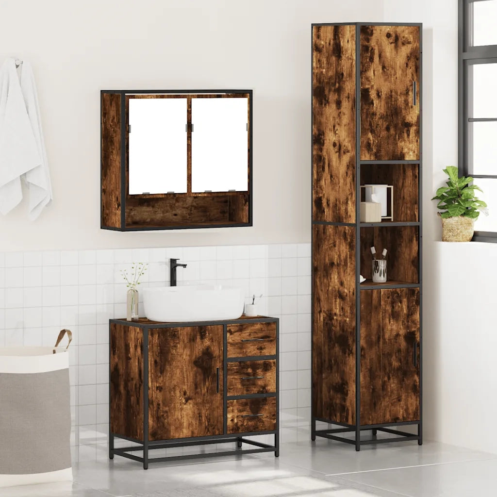 Set Mobili da Bagno 3 pz Rovere Fumo in Legno Multistrato 3301107