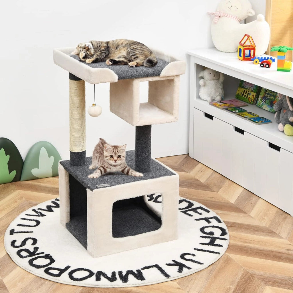 Tiragraffi per Gatti Piccoli con Cuccia, Piattaforme, Pallina e Sisal, Albero in Legno da Divano, Salotto e Camera da Letto, 42 x 42 x 80 cm