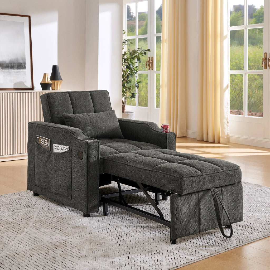 Divano letto con USB e portabicchiere; schienale regolabile - grigio scuro