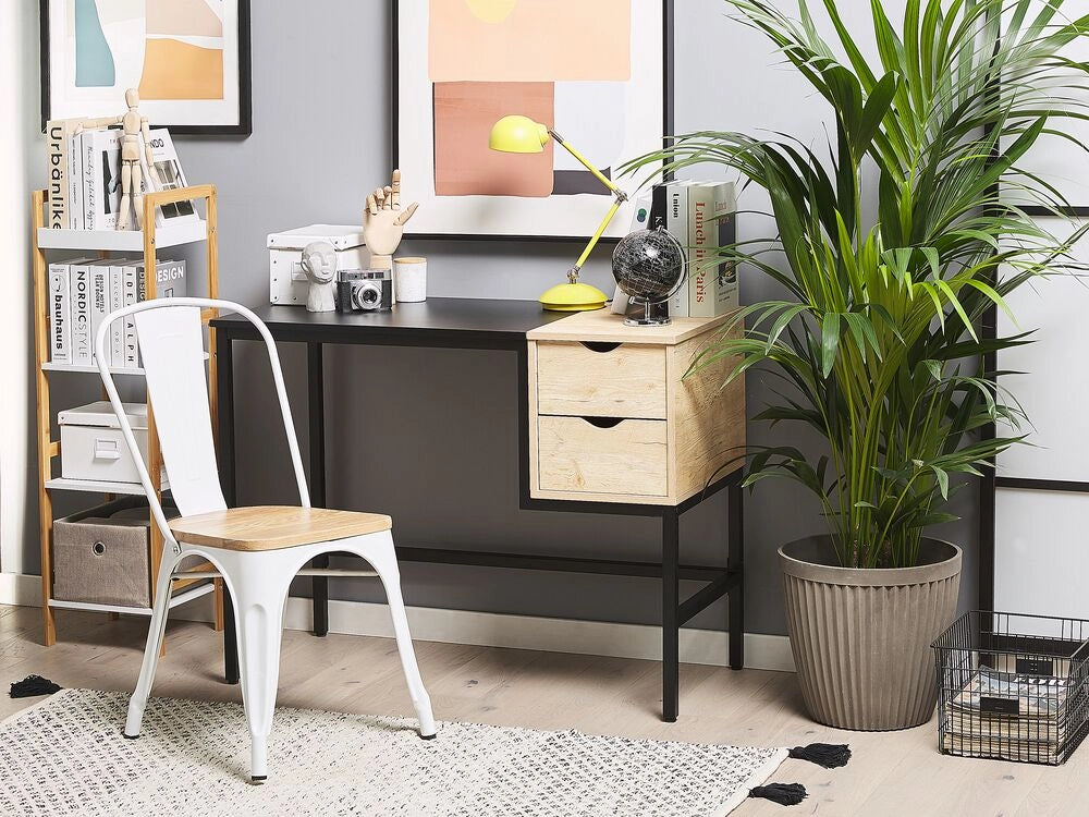 Scrivania Home Office Nera con Struttura in Metallo Legno Chiaro 100 x 48 cm Vano Portaoggetti 2 Cassetti Piano in PVC