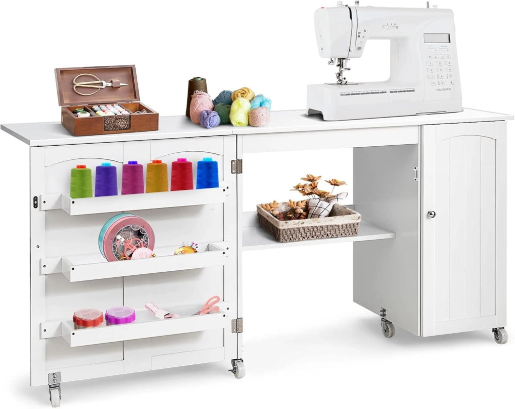 Tavolo Pieghevole da Cucito, Tavolo Versatile a Ribalta con Superficie Ampia, Scrivania per Computer con Ruote Bloccabili, Ideale per Salone Camera da Letto Studio (Bianco)