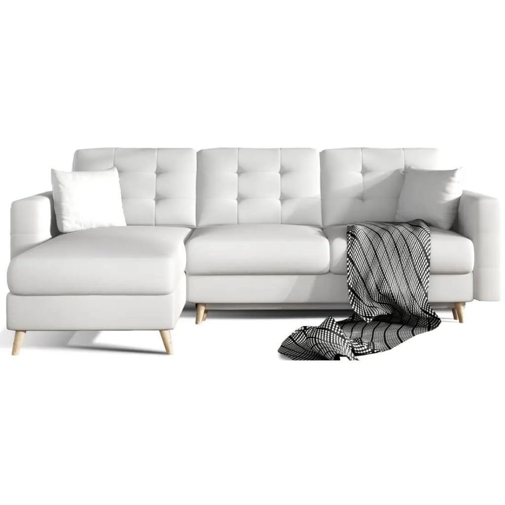 Divano angolare trasformabile HASGARD 3 posti bianco 248x162 cm - con vano contenitore e piedi in legno