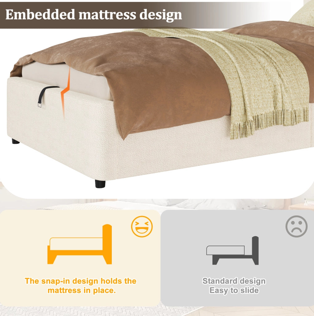 Letto singolo per bambini 90x200 cm con contenitore idraulico; testiera imbottita; bouclé beige