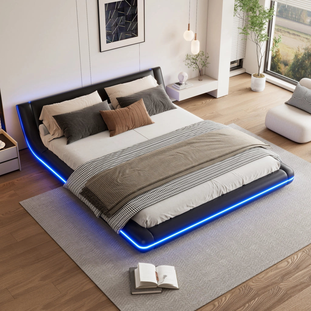 Letto Basso Letto Matrimoniale 160x200 cm; 2 Posti; LED Regolabile; in PU e MDF; Nero